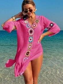 Swim Lushoire Vrouwen V-hals 3/4 mouw haak bloemenprint losse pasvorm zijsplit jurk/cover up