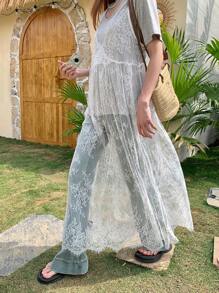 FRIFUL Women's White Long Lace Camisole Dress, Vacation Dress Sundress,Casual Women Dresses - White - View 7