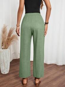 EMERY ROSE Women's Solid Color Linen Blend Side Ruffle Hem Pants - Green - View 2