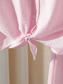 Set de 2 piezas de camisa de manga corta de algodón tejido a rayas con pantalones de pierna ancha para niñas, conjunto informal de primavera/verano para vacaciones - Rosa - Ver 4