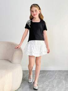 SHEIN Tween flicka enfärgade juveler utsmyckning crew Neck monterad kortärmad T-shirt - Svart - Visa 6