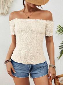 SHEIN VCAY 度假休闲纹理露肩露肩修身短袖 T 恤