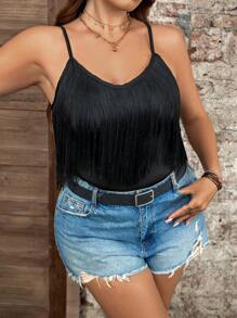 SHEIN LUNE 大码女式纯色度假细肩带流苏连体衣 - 黑色 - 查看 6