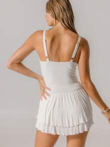Aralina Spaghetti Strap Stretchy Bodysuit With Ruffle Tiered Flowy High Waist Dress - White - View 2