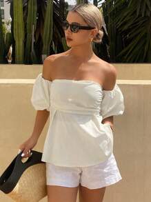 Livesso Blusa corta a spalle scoperte con maniche a sbuffo, di colore unito, per vacanze al mare, crociere, outfit da donna. Top a balze, scollo a spalle scoperte