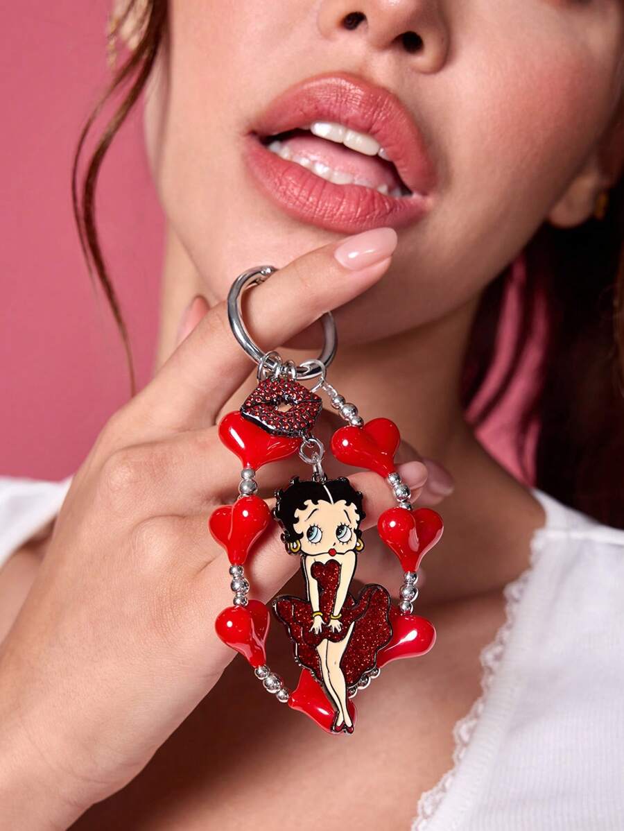 Betty Boop x SHEIN Móc khóa trang trí hình môi đính đá họa tiết hoạt hình, hình trái tim, làm thủ công từ hạt cườm, quà tặng, ý tưởng quà tặng, tiệc tùng, ngày lễ, Ngày Valentine - Màu Đỏ Sâu - Xem 1