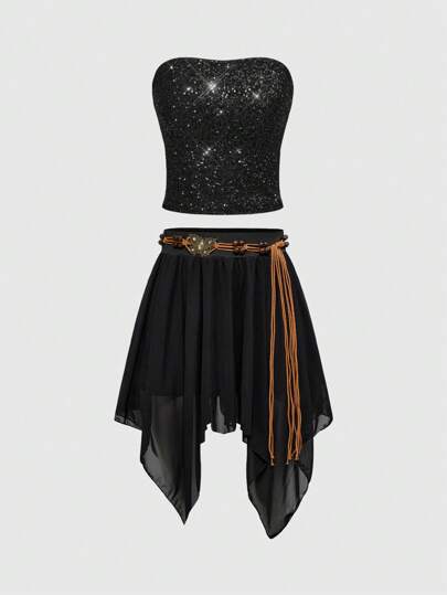 Hippie 2 Stück Damen Sommer Boho Musik Festival Pailletten Stickerei Bandeautop und Netzrock Set