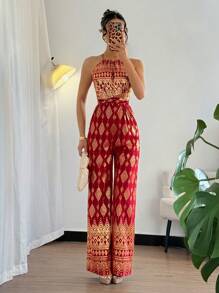 Gloray Fashionable Red Foil Print Halter Neck Jumpsuit - Red - View 6