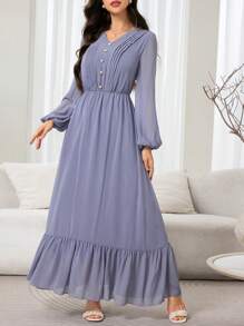 Veilorie Vestido elegante de estilo árabe para mujer con cuello en V, mangas farol y pliegues en color liso