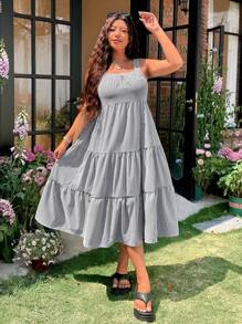 SHEIN EZwear 大码无袖条纹休闲/度假连衣裙，夏季 - 黑與白 - 查看 3