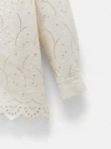 Maija Elegant Women's Apricot Long Blouse With Delicate Floral Eyelet Embroidery, Woven Fabric, Long Sleeves, Collared Neckline, And A Relaxed Casual Fit