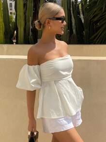 Livesso Blusa corta a spalle scoperte con maniche a sbuffo, di colore unito, per vacanze al mare, crociere, outfit da donna. Top a balze, scollo a spalle scoperte