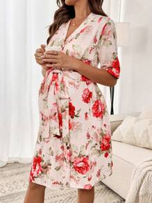 SHEIN Geblümter Allover-Muster Bademantel für Schwangerschaft, Wehen und Entbindung, Nachtwäsche, Pyjama-Kleid, Loungewear
