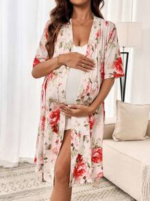 SHEIN Geblümter Allover-Muster Bademantel für Schwangerschaft, Wehen und Entbindung, Nachtwäsche, Pyjama-Kleid, Loungewear