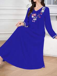 Al Najma Vestido feminino com decote em V, manga longa, elegante e confortável, estampa floral, decote delicado, design com padrão floral, poliéster, adequado para casa, passeios, feriados, festas, vestuário feminino, primavera, vestido feminino primavera/verão, vestido estampado feminino, vestido feminino - Azul - Ver 4