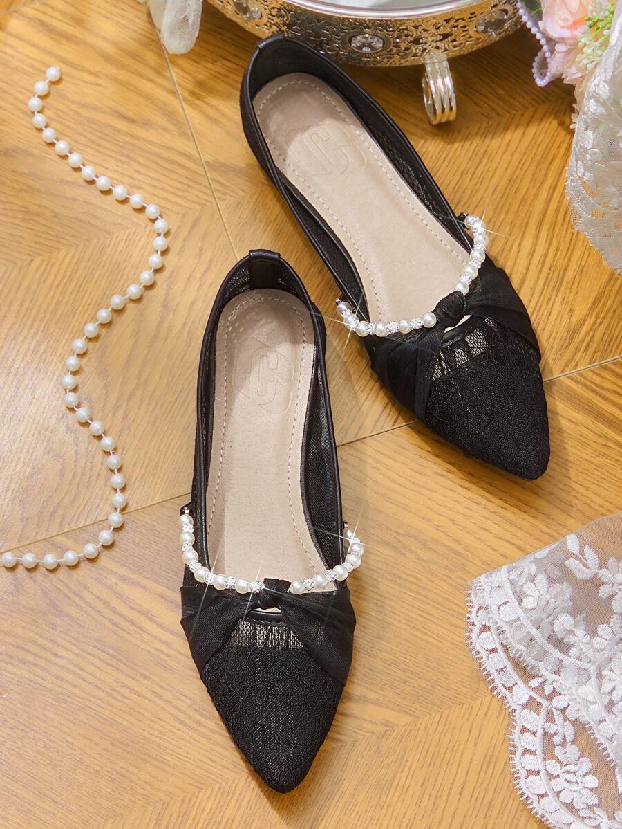 CUCCOO HITCHD 女式夏季新款珍珠链丝带扭纹镂空蕾丝设计尖头平底优雅舒适黑色蕾丝网眼芭蕾平底鞋，适合婚礼、伴娘、新娘、休闲下午茶、约会 - 黑色 - 查看 1