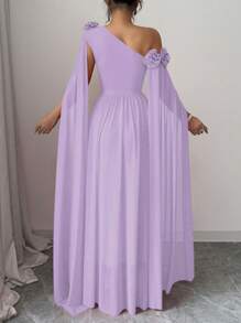 Rafferiza 红色荷叶边褶饰网眼连衣裙，奢华长袖情人节派对礼服 - 淡紫色 - 查看 2