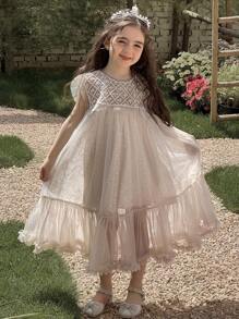 Dazy Kids Young Girl Elegant Patchwork Net Yarn Ruffle Hem Summer Dress,Back To School Clothes - White - View 4