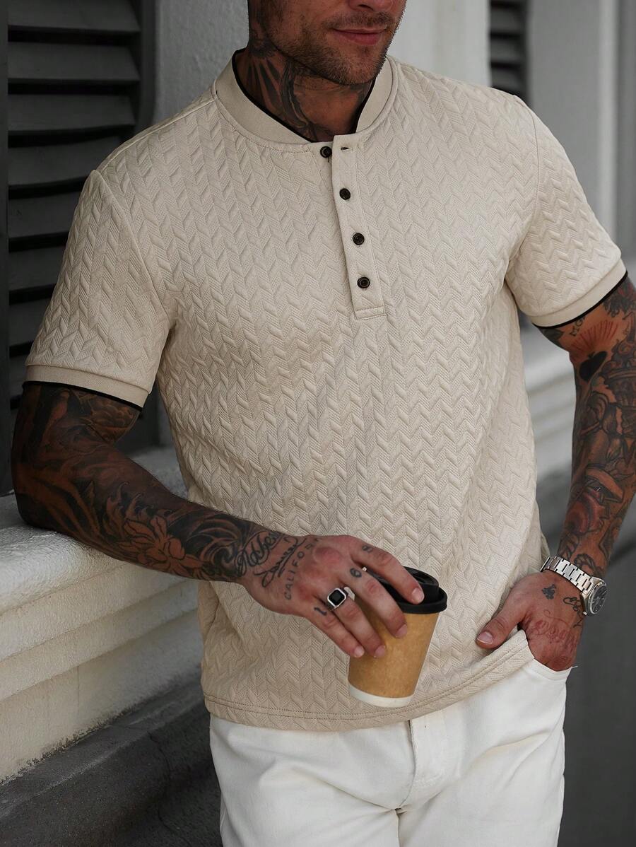 Manfinity Homme Men's Stand Collar Textured Front Buttons Short Sleeve Simple Polo Shirt, Men's Vacation Casual Style With An INS-Inspired Look. A Geometric Diamond-Textured Jacquard Knit Short-Sleeve  As Well As Everyday Wear-An Ideal Gift For A Boyfriend Or Husband. Offers A French Elegance And Romance. Men's Apricot Geometric Stripe Textured Casual Polo Shirt - Khaki - View 1