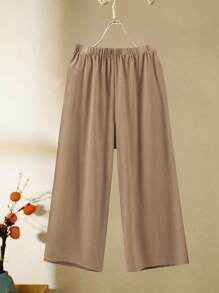 Linhara Conjunto de 2 piezas de talla grande para mujer con parte superior de manga murciélago y pantalones en unicolor, informal - Caqui - Ver 4