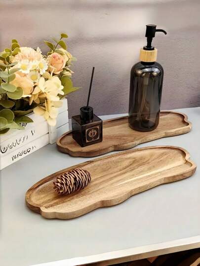 1pc Solid Wood Breakfast Tray, Bathroom Tray, Asymmetric Shape Serving Platter, Cheese Board, Decorative Kitchen Tray, Dining Service Plate