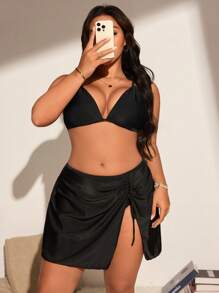 Swim Lushoire Plus Size Solid Color Slit Swimsuit Bottom, Beach/Resort Wear For Summer Beach Vacation - Black - View 5