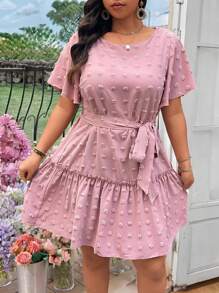 SHEIN Clasi Vestido de punto con volantes en las mangas, cordón y textura para mujer talla grande - Rosa - Ver 5
