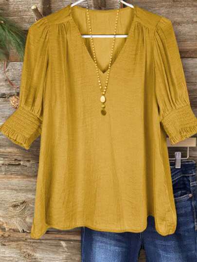 Linhara Plus Size Women Bohemian Style 3/4 Sleeve Linen Blouse