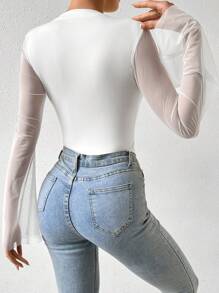 SHEIN 女士简约纯色网眼拼布喇叭袖紧身衣 - 白色 - 查看 2