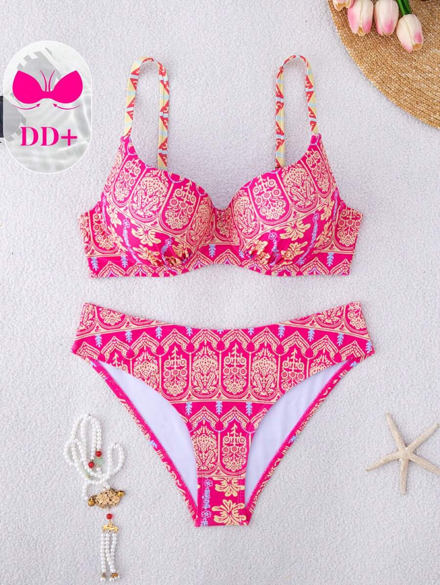 Swim DD+ DD+ 系列女式夏季复古印花吊带聚拢钢圈比基尼两件套，海滩度假