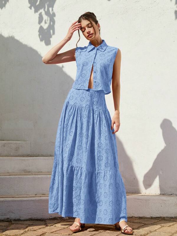 Aveloria Rosie French Elegant Vacation Shirt Collar Sleeveless Loose Intentional Ruched Maxi A-Line Skirt, Embroidery Two Pieces Set For Women Baby Blue Baby Blue For Summer