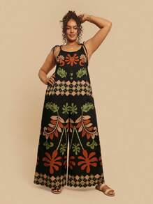 Travachic Macacão Folgado com Estampa Tropical Geométrica sem Alça com Bolsos, Estilo Casual de Férias, Verão, Plus Size para Mulheres