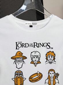 The Lord of the Rings X SHEIN 女士休闲宽松卡通人物图案圆领短袖T恤，适合夏季，白色