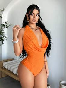 SHEIN SXY Women's Solid Color Plunge Neck Sexy Elegant Backless Bodysuit For Vacation