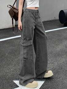 DAZY Women's Low Waist Gray Cargo Pants With Large Pockets, Straight Leg Jeans