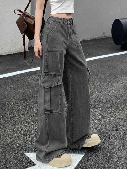 DAZY Women's Low Waist Gray Cargo Pants With Large Pockets, Straight Leg Jeans