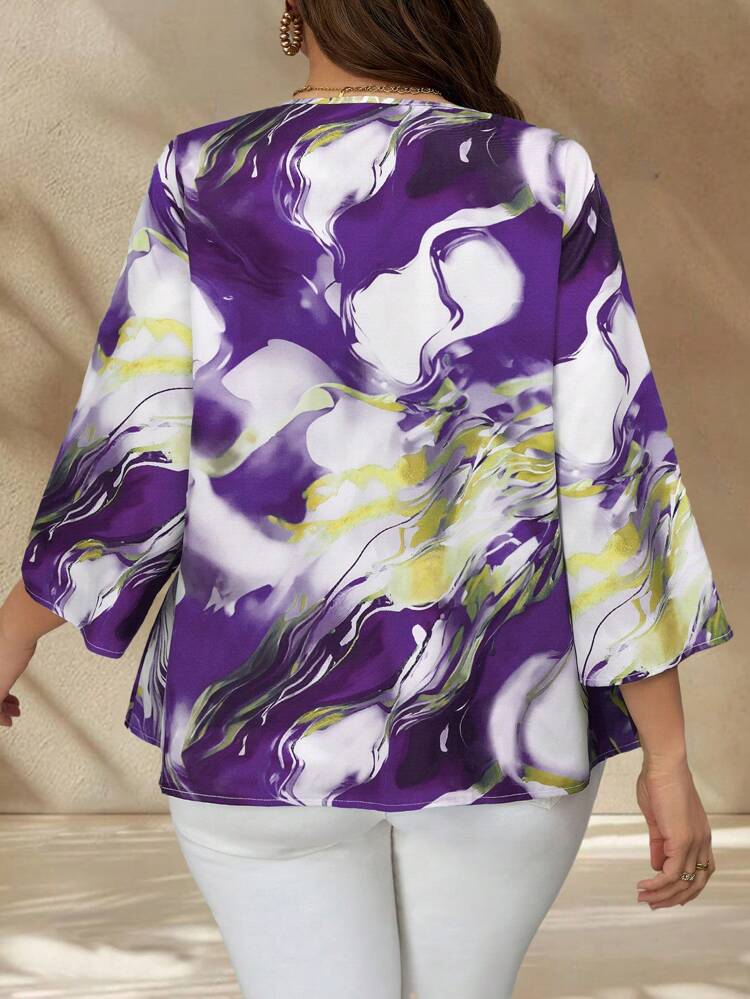 Plus Size Women Marble Pattern Round Neck 3/4 Sleeve Blouse