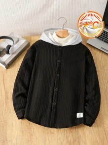 Giubbotto Casual con cappuccio per ragazzi Tween in tessuto di cashmere finto ad effetto melange argentato con toppe in lettere decorate di volpe finta