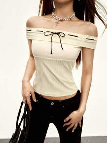 Rina Fox 女士露肩镂空蝴蝶结 T 恤 - 杏色 - 查看 4