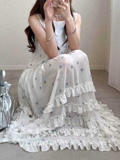 FRIFUL 女士长款无袖连衣裙节日连衣裙生日连衣裙，春夏季，荷叶边