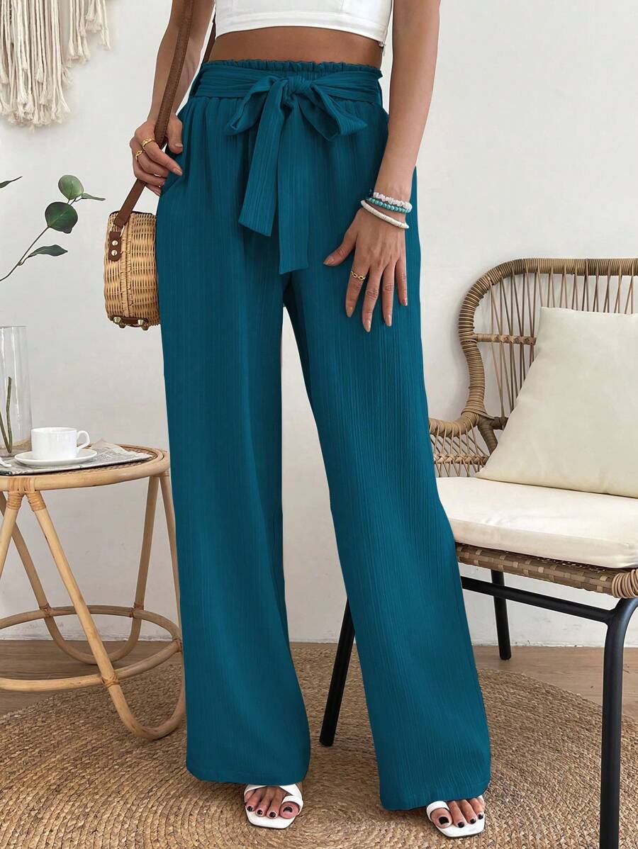 EMERY ROSE Women's Casual Textured Elastic Waist Pants Fall Cloth For Women - Cadet Blue - View 1