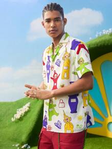 Teletubbies X SHEIN 男士夏季休闲卡通印花前扣短袖衬衫 - 白色 - 查看 6