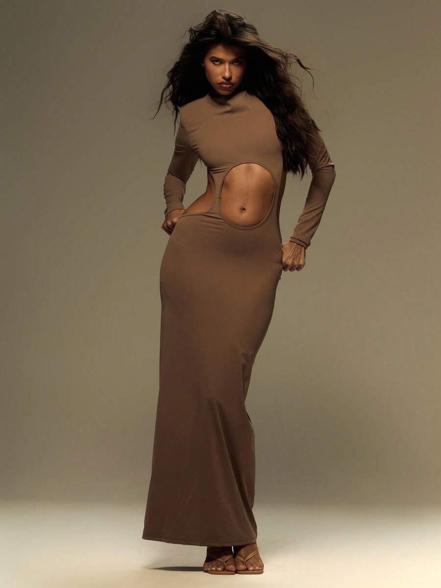 MUSERA Robe longue fendue à manches longues Y2K pour l'été, les vacances, les festivals. Tenue de soirée d'hiver - Tabac - Voir 1