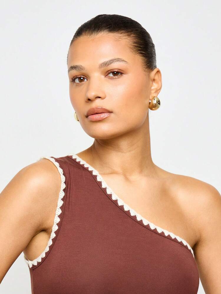 One Shoulder Crochet Trim Women Top