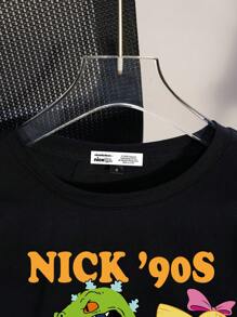 Nick 90s | SHEIN 女士黑色圆领宽松短款休闲卡通字母图案舒适 T 恤，春夏 - 黑色 - 查看 3