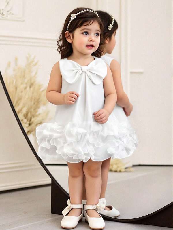 SHEIN Baby Girls' Elegant Simple Sleeveless Bow Decor Crinkle Mesh Skirt Dress, Spring/Summer