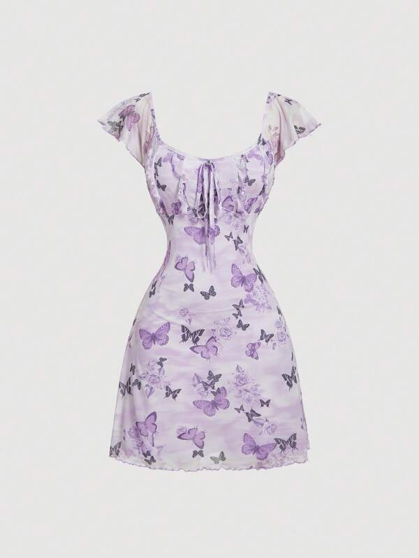 SHEIN MOD Schmetterling Blumen Minikleid mit Kappärmeln, Bindegürtel und ausgestelltem Schnitt