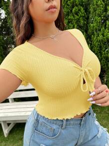 SHEIN EZwear Women Plus Size Summer Waffle V-Neck Chest Tie Bow Cropped Solid Color T-Shirt - Yellow - View 5