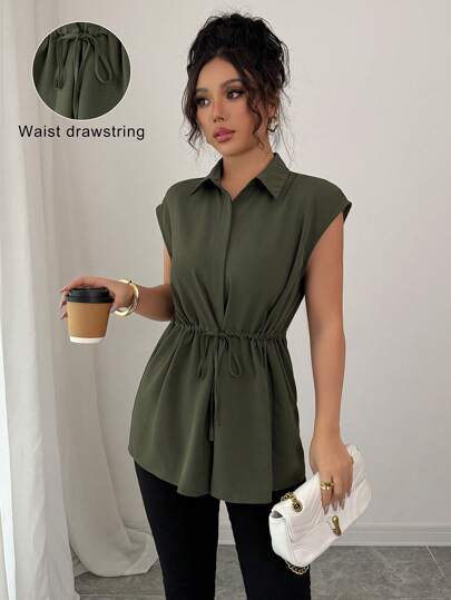 Selianne Women's Solid Color Casual Vacation Commuting Shirt With Collar, Button Placket, Cinched Waist, Dropped Shoulder, A-Line Shirt Top