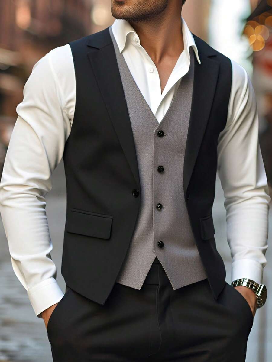 Manfinity Mode Men's Casual Woven Fabric Waistcoat: Regular Fit Sleeveless Design With Button Details For A Stylish Layered Look - Multicolor - View 1